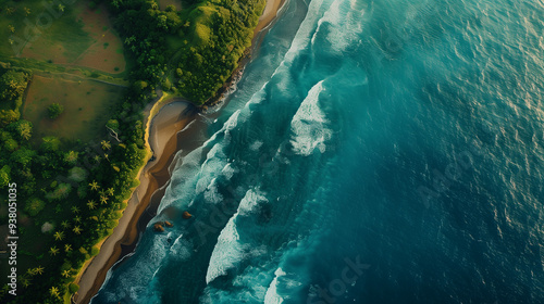 Aerial shot of beach, waves breaking on the shoreline