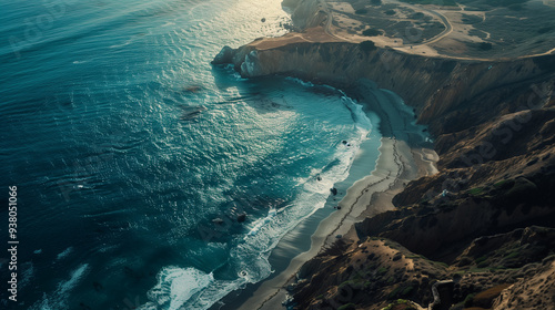 Aerial shot of beach, waves breaking on the shoreline
