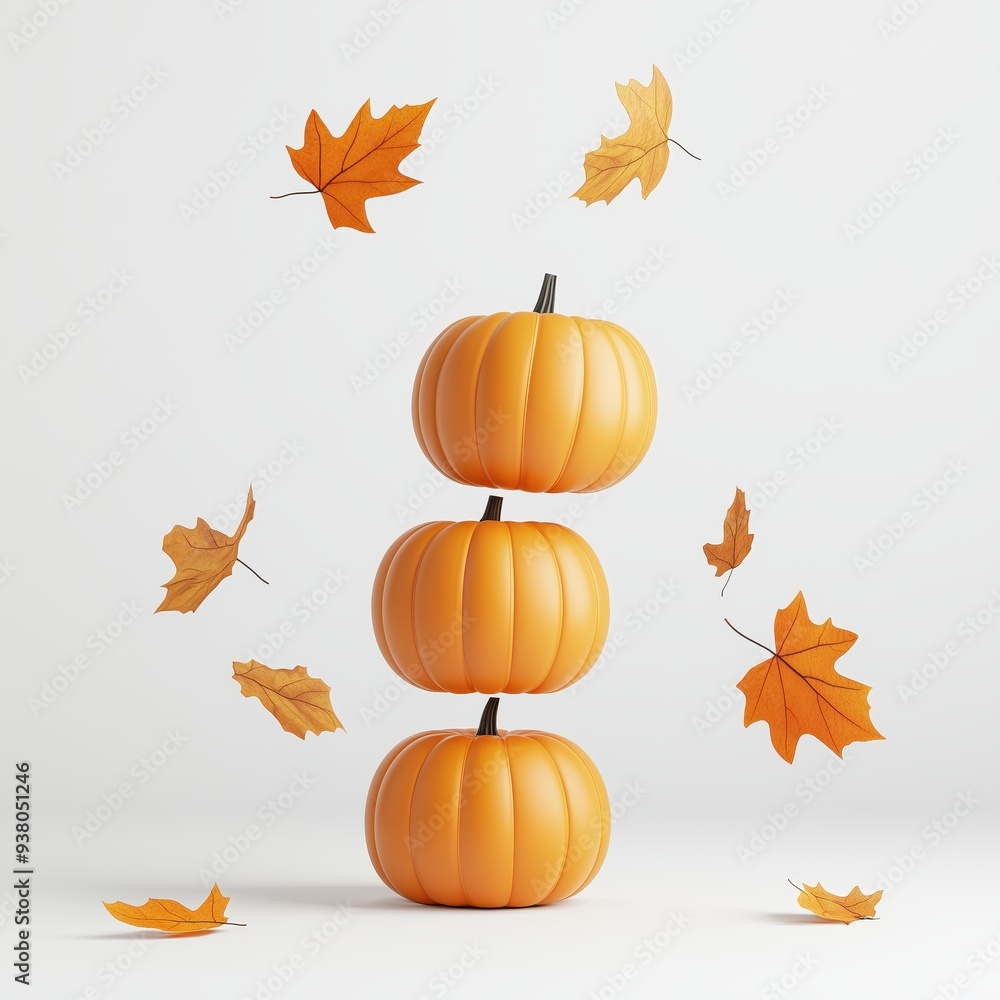 Three Stacked Pumpkins with Falling Autumn Leaves on a White Background - Minimalist Fall Decoration, Seasonal Harvest, Thanksgiving, Halloween, and Autumn Concept Three Stacked Pumpkins with Falling Autumn Leaves on a White Background - Minimalist Fall Decoration, Seasonal Harvest, Thanksgiving, Halloween, and Autumn Concept