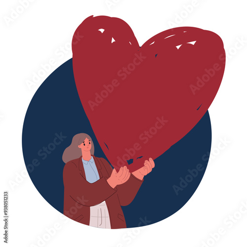 Cartoon vector illustration of woman holding red heart, health insurance, donation, happy charity volunteer concept, world heart day, hope, gratitude, thankful, trust, praying, compliment day concept