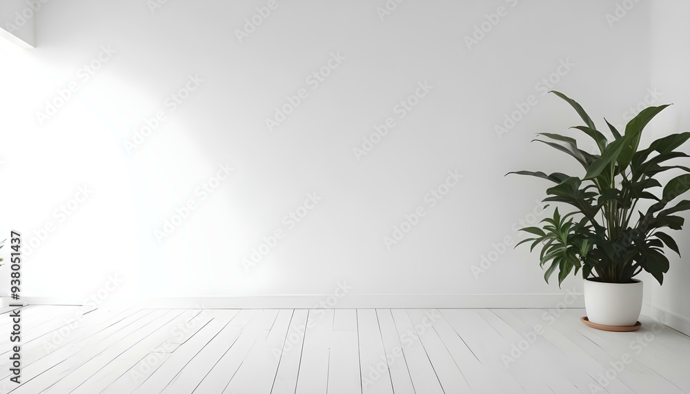 A minimalist white room with a wooden floor and a potted plant in the corner. A minimalist white room with a wooden floor and a potted plant in the corner.