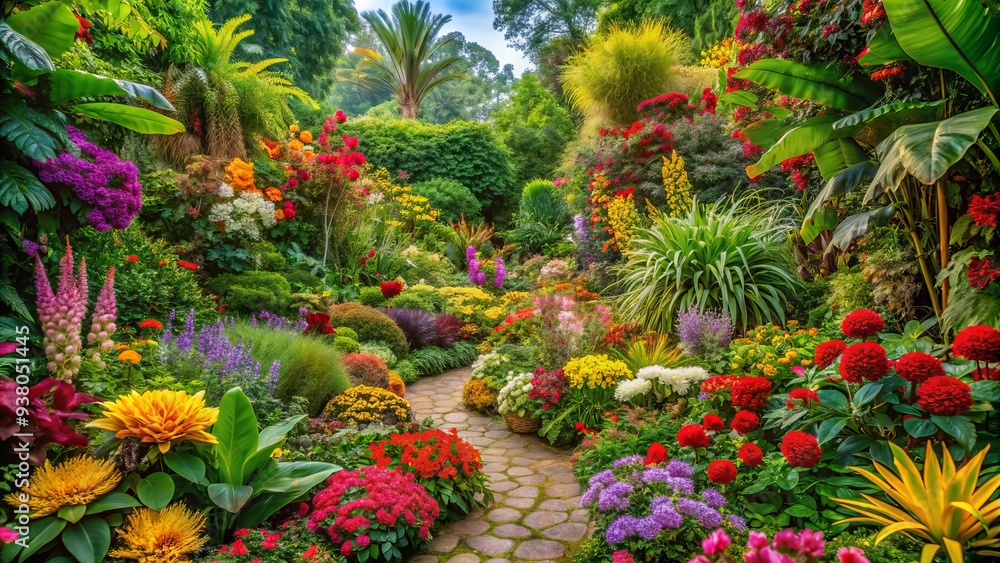 Fototapeta premium Vibrant flowers, lush greenery, and exotic foliage thrive together in a lush garden, showcasing nature's beauty and diversity in a kaleidoscope of colors and textures.
