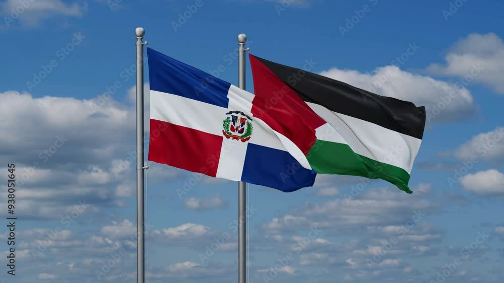 Palestine and Gaza Strip and Dominican two flags waving together on blue , video concept of the relationship Palestine and Gaza Strip and Dominican two flags waving together on blue , video concept of the relationship