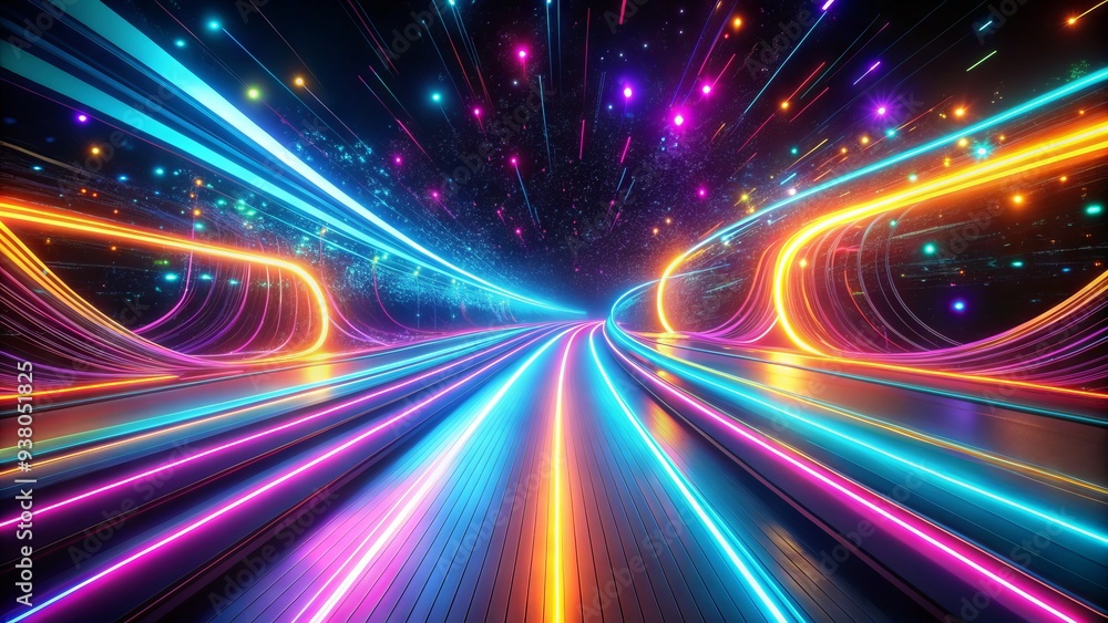 Naklejka premium Vibrant glowing neon trail streaks across a dark abstract background, creating a futuristic, dynamic, and mesmerizing visual effect, perfect for technology and innovation concepts.