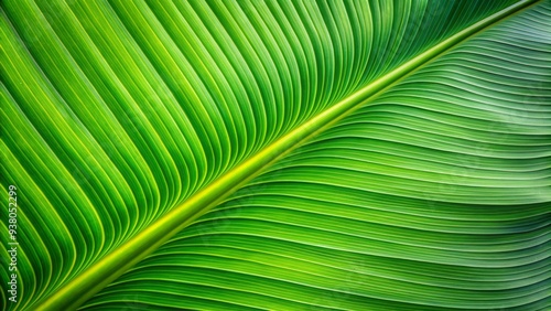 Vibrant green banana leaf showcases intricate diagonal patterns and veins, with gentle ridges and natural folds, creating a stunning textured backdrop in high definition.