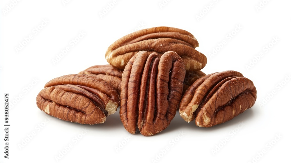 Close up of four pecan nuts isolated on a white background. Close up of four pecan nuts isolated on a white background.