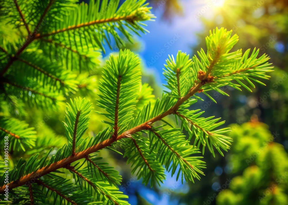 Vibrant green spruce branches stretch towards the sky, their delicate needles a gentle rustle, amidst a serene and peaceful summer forest backdrop. Vibrant green spruce branches stretch towards the sky, their delicate needles a gentle rustle, amidst a serene and peaceful summer forest backdrop.