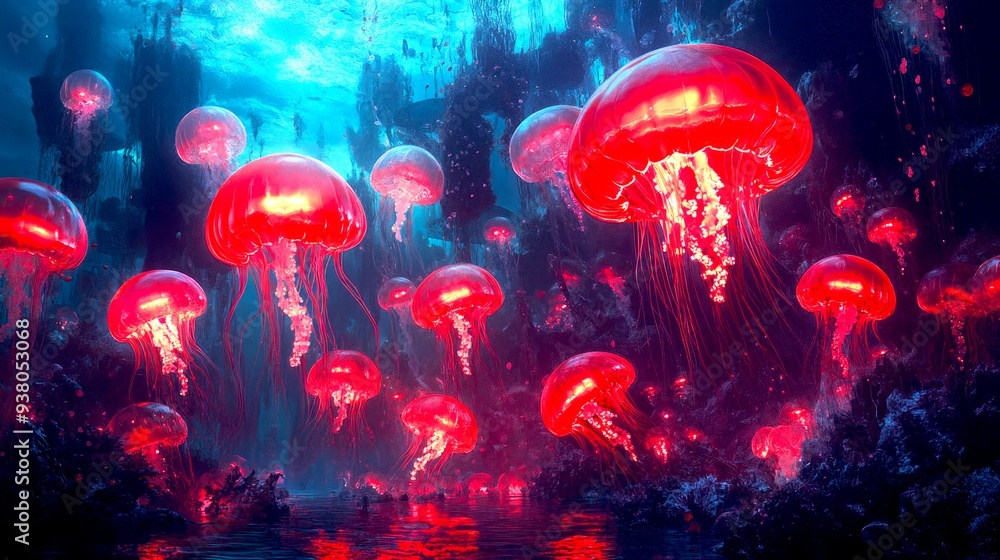 Vibrant jellyfish dance in an otherworldly underwater scene. Each jellyfish glows with deep reds and blues. This fantasy art evokes wonder and serenity. Perfect for decor, prints, or digital use. AI Vibrant jellyfish dance in an otherworldly underwater scene. Each jellyfish glows with deep reds and blues. This fantasy art evokes wonder and serenity. Perfect for decor, prints, or digital use. AI