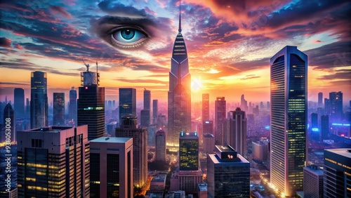 A futuristic cityscape at dusk with towering skyscrapers and neon lights, as a subtle, all-seeing eye symbolizing government surveillance looms in the sky. photo