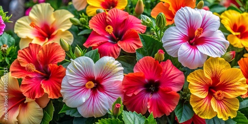 Wallpaper Mural Vibrant hibiscus flowers showcase stunning diversity, featuring blooms in red, yellow, orange, white, and bi-colored varieties, often adorned with intricate striped or spotted patterns. Torontodigital.ca