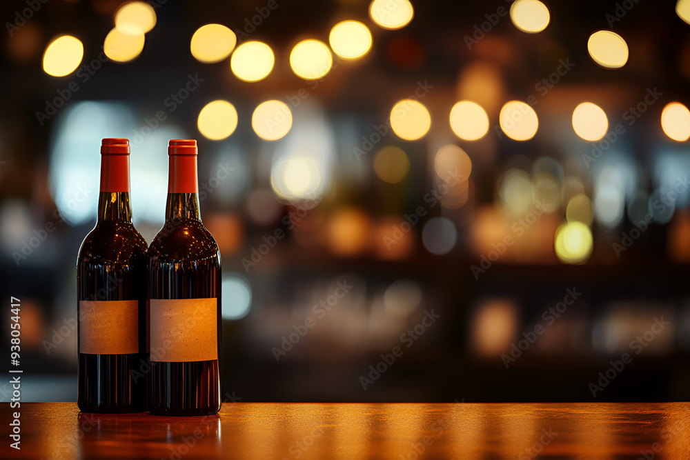 A blurred wine shop with bottles, set on a wooden table with a tech-created background, Ai A blurred wine shop with bottles, set on a wooden table with a tech-created background, Ai