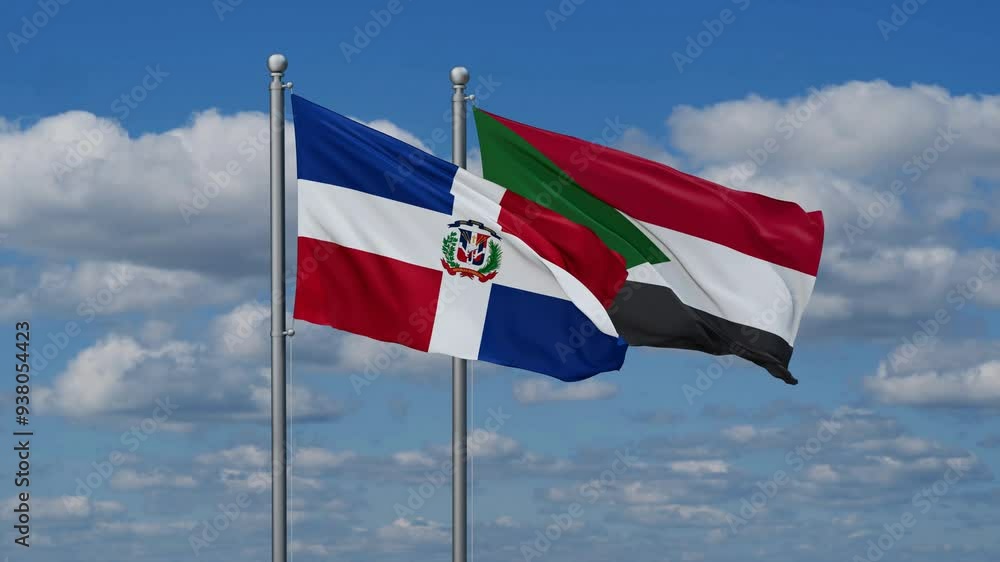 Sudan and Dominican flags flying together, video concept of the relationship, two country cooperation concept Sudan and Dominican flags flying together, video concept of the relationship, two country cooperation concept