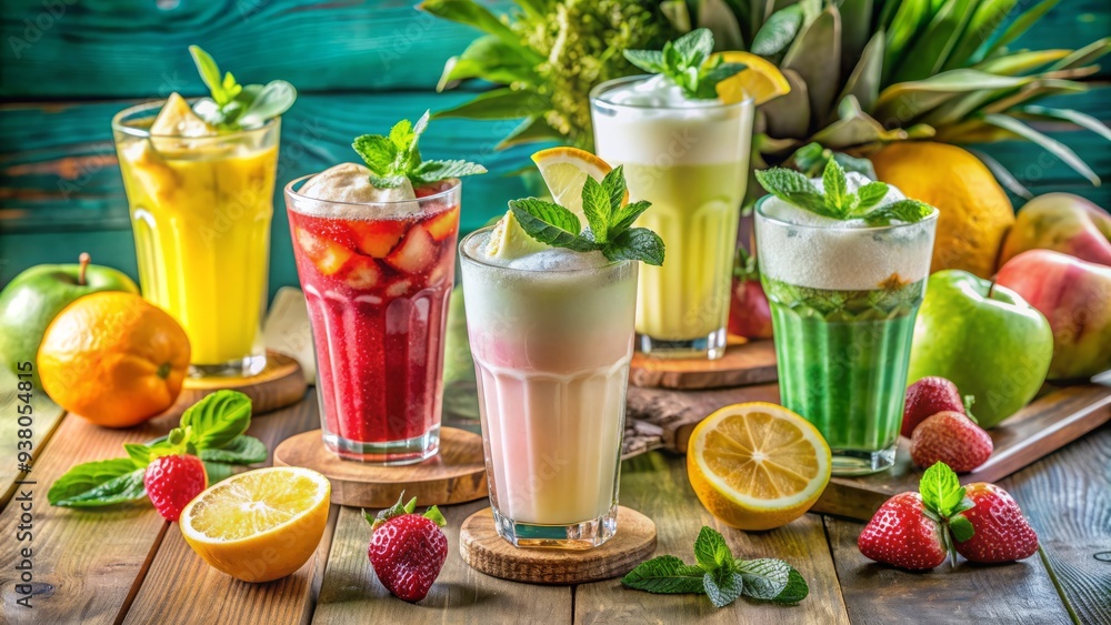 Vibrant multicolored summer drink setup on a cafe table featuring iced cocktails, milkshakes, coffee, and fresh fruits like mint, lemon, apple, and pineapple. Vibrant multicolored summer drink setup on a cafe table featuring iced cocktails, milkshakes, coffee, and fresh fruits like mint, lemon, apple, and pineapple.