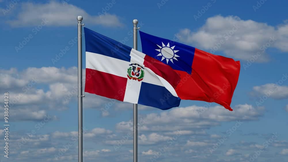 Taiwan and Dominican flags flying together, video concept of the relationship, two country cooperation concept Taiwan and Dominican flags flying together, video concept of the relationship, two country cooperation concept