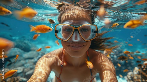 Underwater Adventure: Happy Couple Snorkeling with Tropical Fish in Coral Reef Pool on Beach Holiday