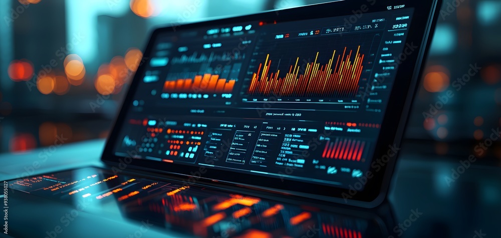 A close-up of a digital financial dashboard featuring vibrant graphs, charts, and data metrics, with a soft-focus background showcasing urban lights reflecting on a smooth surface. A close-up of a digital financial dashboard featuring vibrant graphs, charts, and data metrics, with a soft-focus background showcasing urban lights reflecting on a smooth surface.