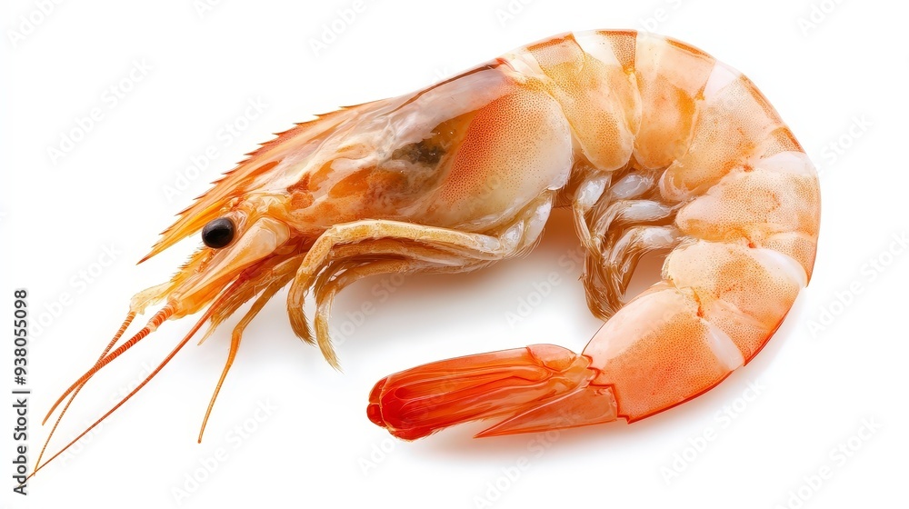 A single, cooked shrimp isolated on a white background.