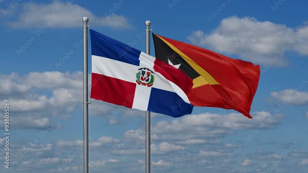 East Timor and Dominican flags flying together, video concept of the relationship, two country cooperation concept East Timor and Dominican flags flying together, video concept of the relationship, two country cooperation concept