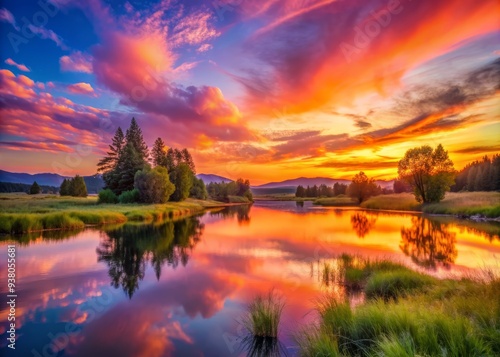 Vibrant orange and pink hues blend seamlessly in a serene sky, casting a warm glow on the tranquil landscape at dusk.