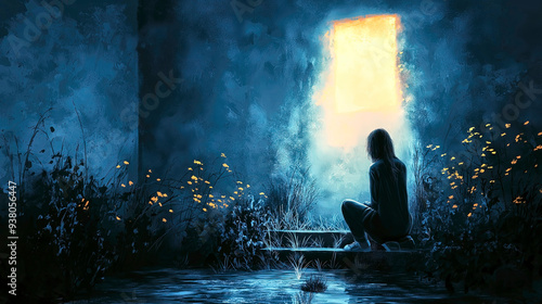 Woman is crouching by a body of water, gazing at a bright light shining through a doorway in a dark, mossy wall