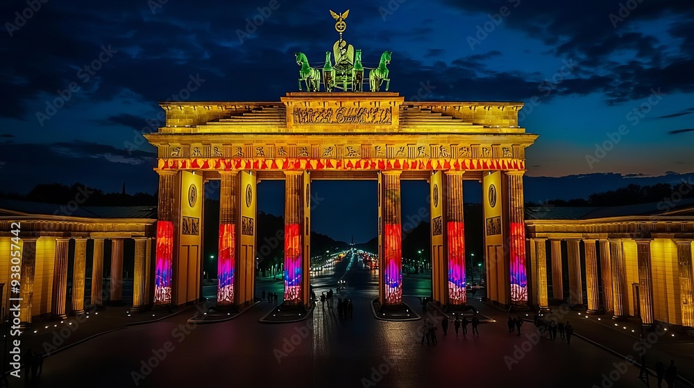 Obraz premium German Unity Day celebration Aerial view of Brandenburg Gate illuminated in national colors, celebrating German Unity Day, Brandenburg Gate, German Unity Day, national pride