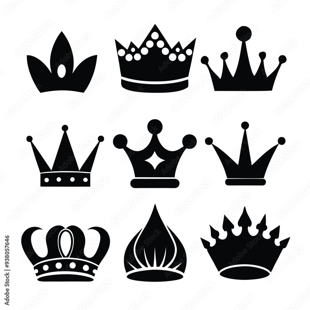 Collection of bold crown vector illustrations, ideal for logos, branding, and decorative designs. Collection of bold crown vector illustrations, ideal for logos, branding, and decorative designs.