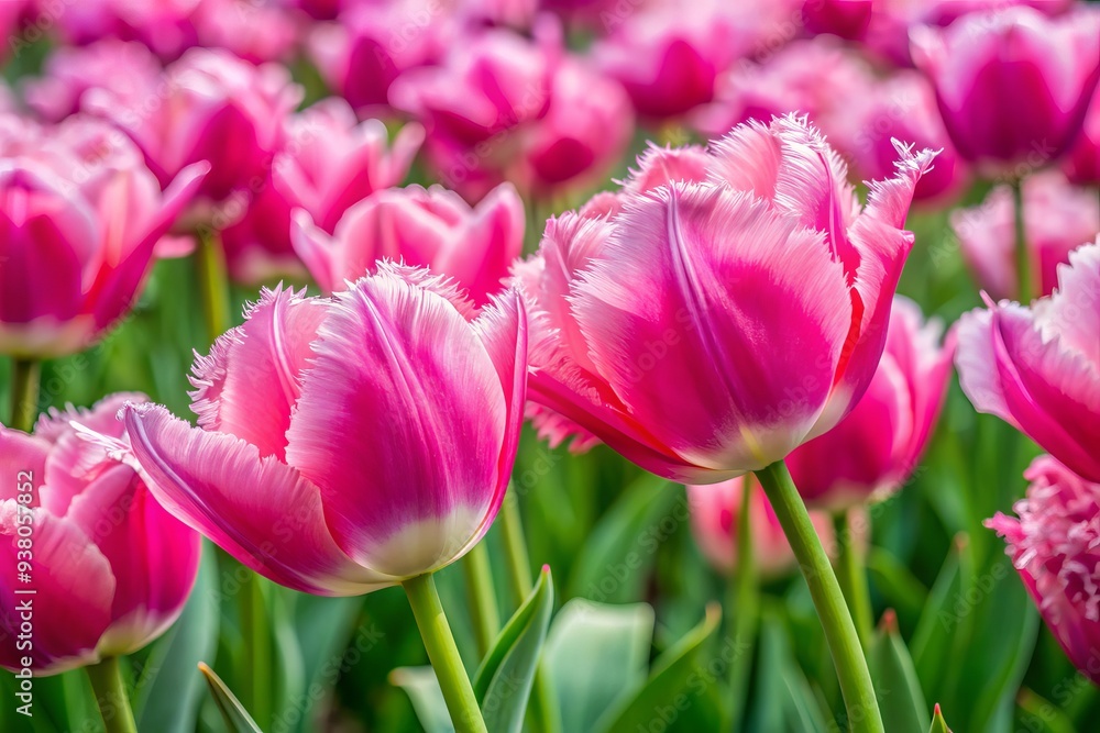 Fototapeta premium Vibrant pink tulips with delicate frilly petals sway gently in the breeze, filling the whimsical Tulip Flower Exhibition with a dazzling display of springtime beauty.