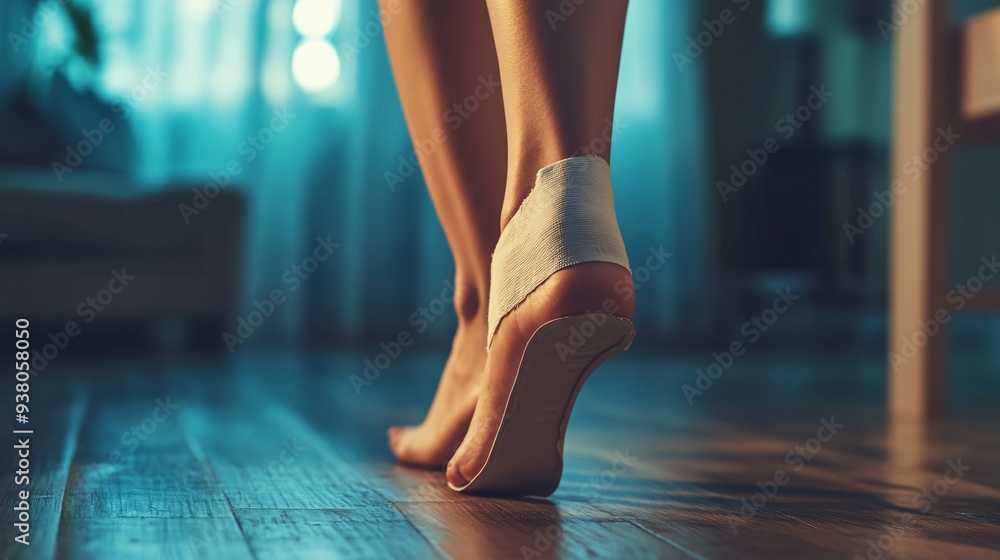 Closeup View of Woman with Adhesive Bandage on Heel Indoors Closeup View of Woman with Adhesive Bandage on Heel Indoors