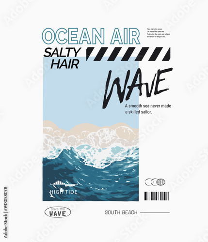 typography slogan with beach wave in square frame vector illustration