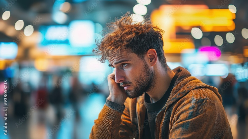 Distraught man holding expired passport, facing travel inconvenience and despair Distraught man holding expired passport, facing travel inconvenience and despair