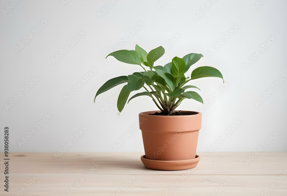Obraz premium A small potted plant with green leaves on a wooden surface against a white wall.