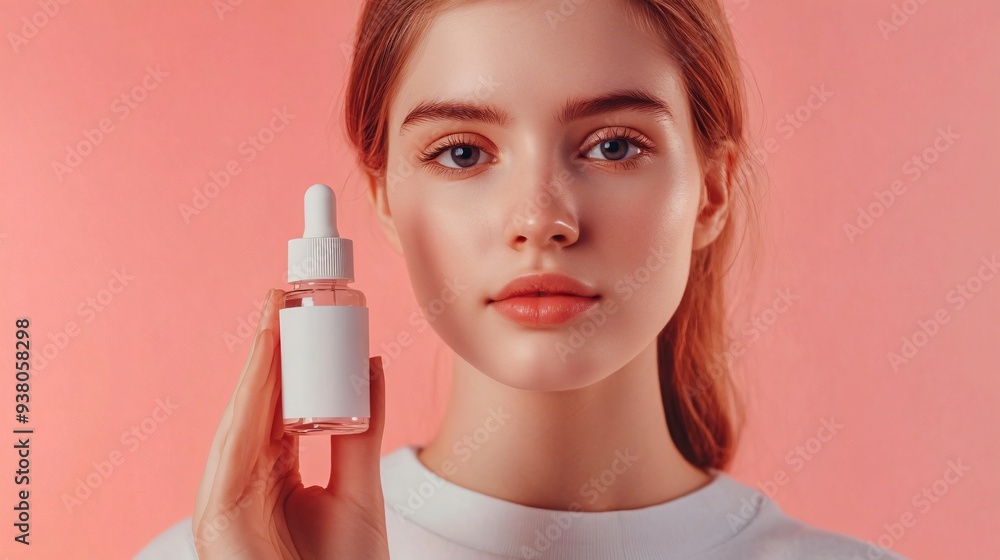 Woman with Medical Drops on Pink Background Woman with Medical Drops on Pink Background