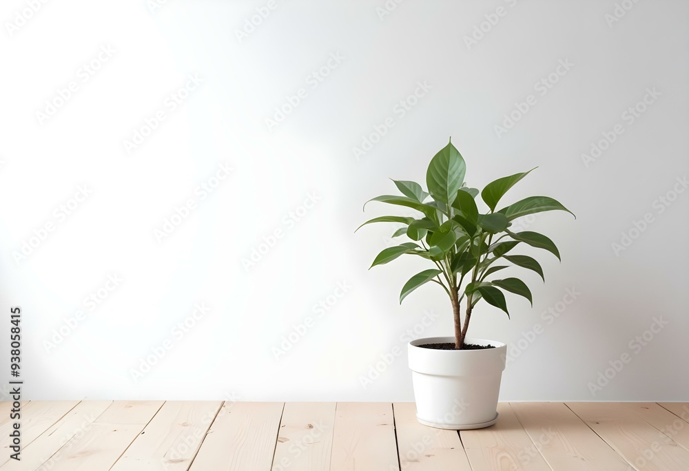 A small potted plant with green leaves on a wooden surface against a white wall. A small potted plant with green leaves on a wooden surface against a white wall.