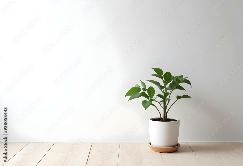 A small potted plant with green leaves on a wooden surface against a white wall. A small potted plant with green leaves on a wooden surface against a white wall.