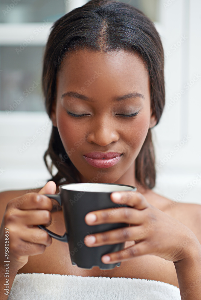 Black woman, smell coffee and relax in home for peace, calm or thinking of espresso for wellness. Eyes closed, morning and aroma of healthy tea drink, fresh scent and dream of latte to enjoy beverage Black woman, smell coffee and relax in home for peace, calm or thinking of espresso for wellness. Eyes closed, morning and aroma of healthy tea drink, fresh scent and dream of latte to enjoy beverage