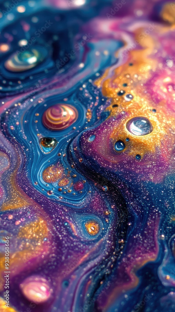 Close-up of paint droplets forming intricate patterns as they spread and mix Close-up of paint droplets forming intricate patterns as they spread and mix