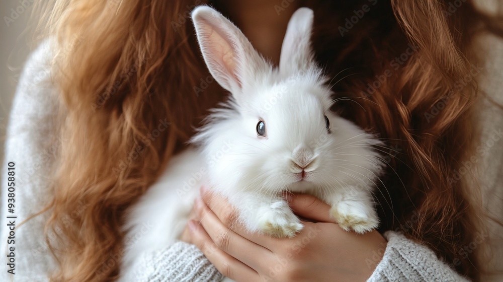 Closeup Portrait of Woman with Fluffy White Rabbit Indoors - Cute Pets Closeup Portrait of Woman with Fluffy White Rabbit Indoors - Cute Pets