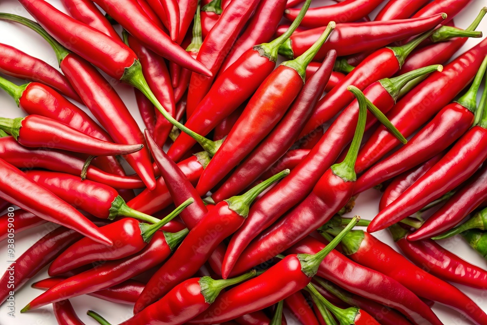 Vibrant red chili peppers arranged artfully on a clean white isolated background, showcasing their glossy texture and bold, fiery color. Vibrant red chili peppers arranged artfully on a clean white isolated background, showcasing their glossy texture and bold, fiery color.