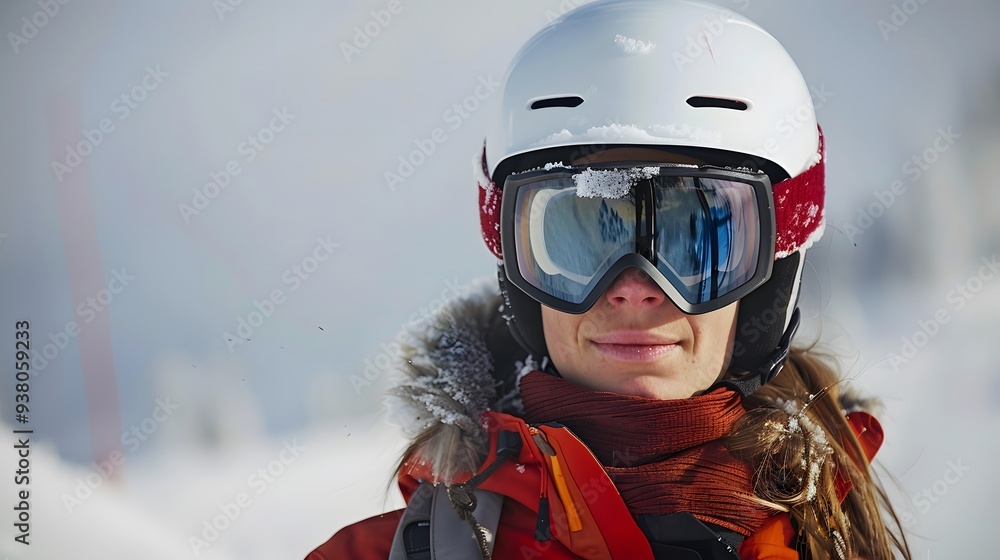 Woman in Skiing Attire: A woman in full skiing attire, including helmet and goggles, on a snowy slope. Woman in Skiing Attire: A woman in full skiing attire, including helmet and goggles, on a snowy slope.