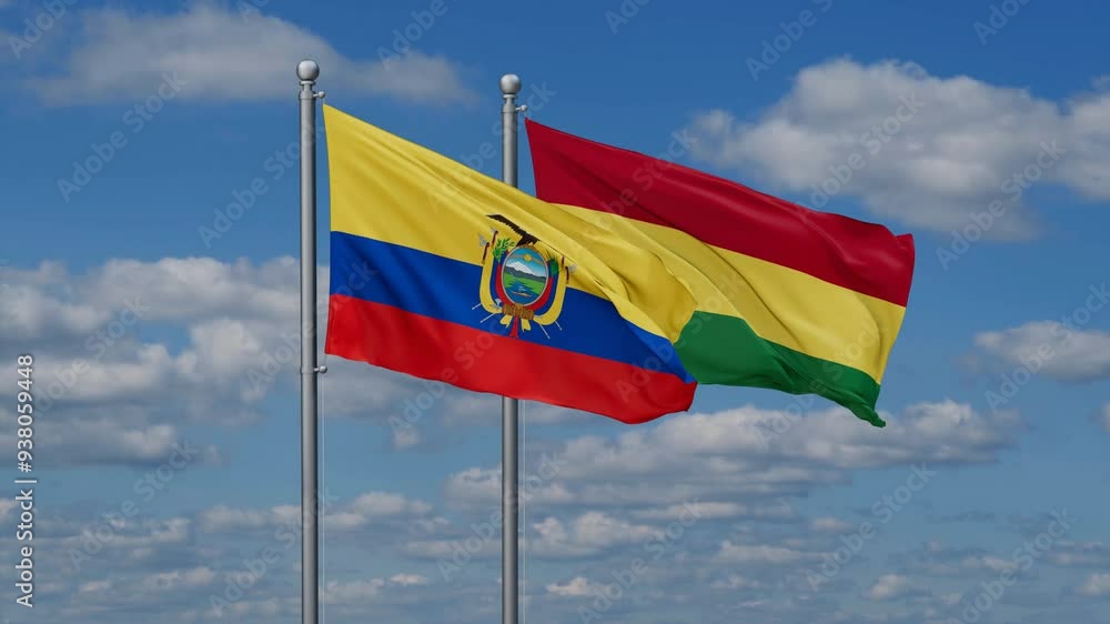 Bolivia and Ecuador flags flying together, video concept of the relationship, two country relations concept Bolivia and Ecuador flags flying together, video concept of the relationship, two country relations concept