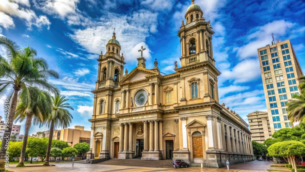 A Grand Roman Catholic Cathedral In Porto Alegre, Brazil, With Its Distinct Neoclassical Architecture And Twin Towers. A Grand Roman Catholic Cathedral In Porto Alegre, Brazil, With Its Distinct Neoclassical Architecture And Twin Towers.