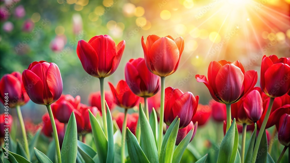 Fototapeta premium Vibrant red tulips burst into bloom against a soft, serene natural springtime background, capturing the beauty and essence of the season's renewal and splendor.