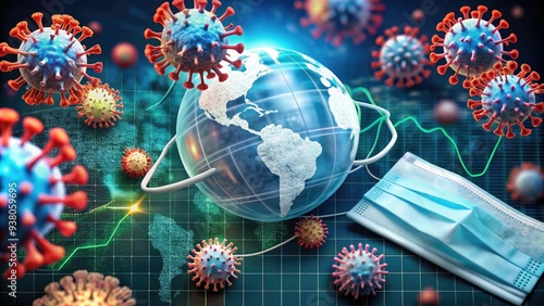 A graph displays rising coronavirus cases and deaths on a screen, surrounded by masks, gloves, and a miniature globe, highlighting the pandemic's global impact. photo