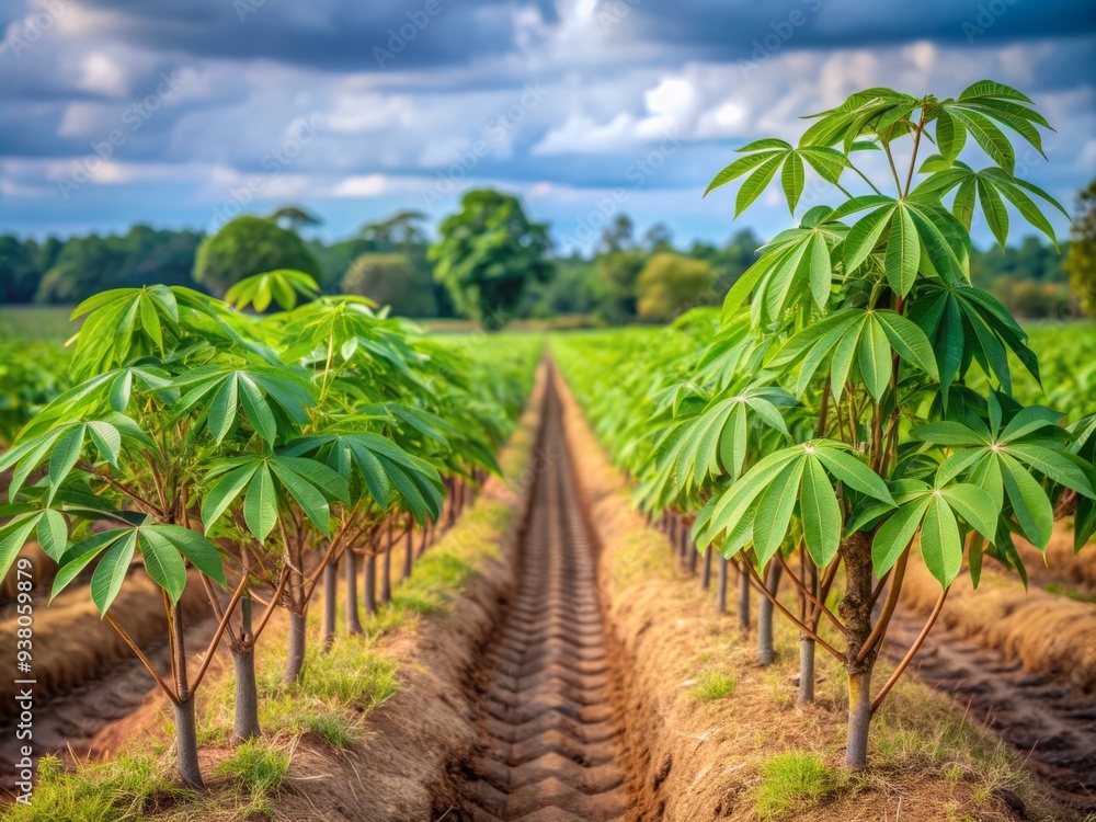 Vibrant row of young cassava trees growing in a lush green field, tender shoots bursting forth, in a tropical Thai landscape, a cash crop THRIVES. Vibrant row of young cassava trees growing in a lush green field, tender shoots bursting forth, in a tropical Thai landscape, a cash crop THRIVES.