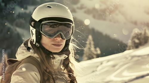 Woman in Skiing Attire: A woman in full skiing attire, including helmet and goggles, on a snowy slope.