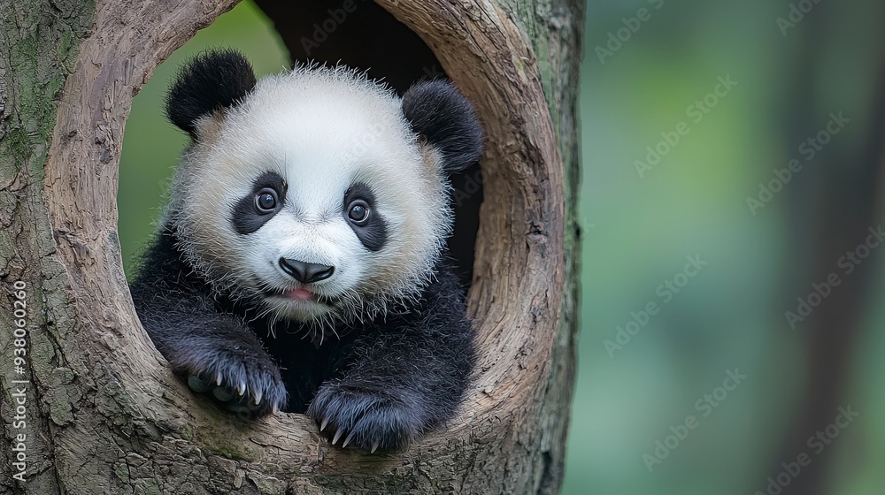 Obraz premium An adorable giant panda cub peeks out from a circular tree hollow in a lush green forest.