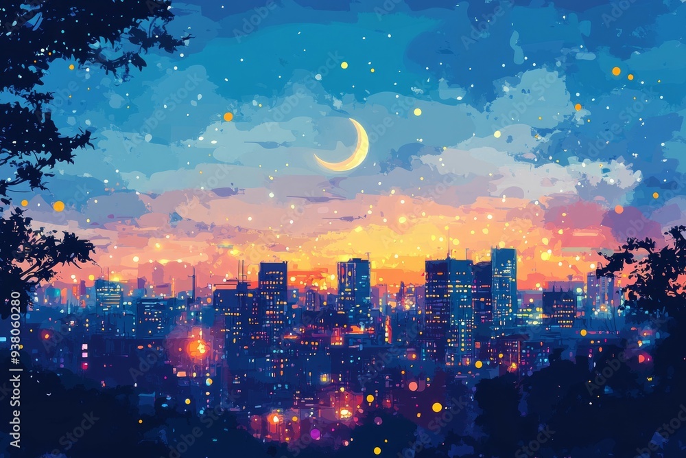 Fototapeta premium Crescent Moon Urban Skyline Islam Religion Spiritual Symbol