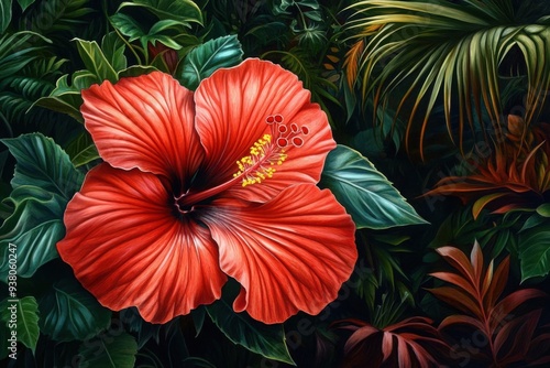 Vibrant red hibiscus flower with lush green leaves
