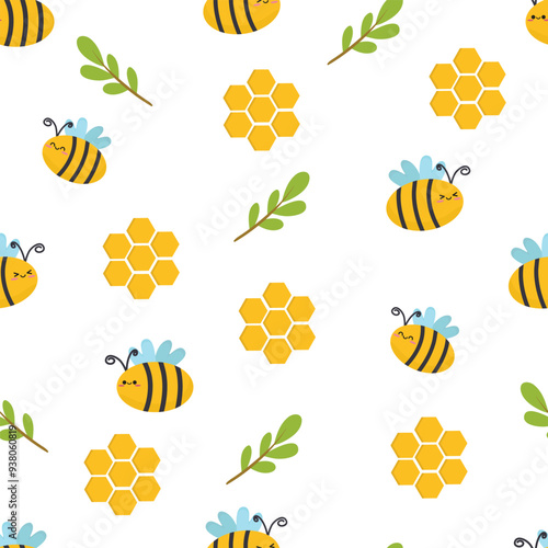 Hand drawn cute bee seamless pattern. Suitable for use for children's and baby designs and also printed on fabrics for clothes, t-shirts, blankets, baby bibs etc