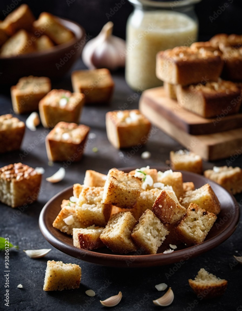 Baked rye croutons are salted and infused with garlic, creating a savory snack, artistically arranged in deep brown bowl, surrounded. Soft interior. Ideal for soups, salads, or snacking with beer. Baked rye croutons are salted and infused with garlic, creating a savory snack, artistically arranged in deep brown bowl, surrounded. Soft interior. Ideal for soups, salads, or snacking with beer.